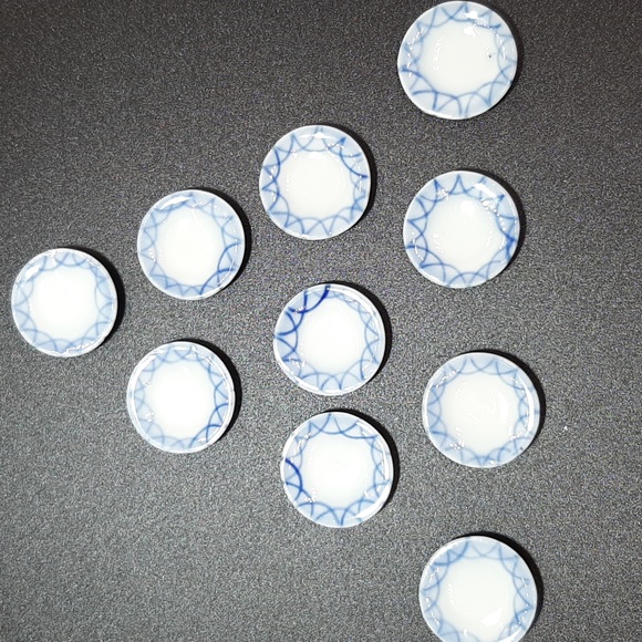 Other - 10 Vintage Miniature Doll House Tiny White & Blue Porcelain Plates